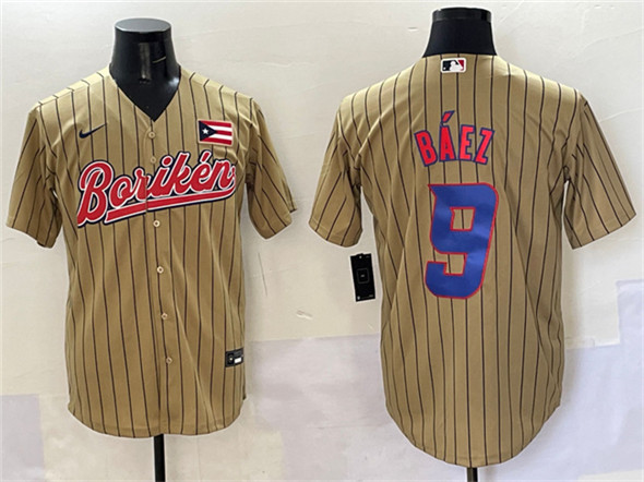 Men's Puerto Rico Baseball #9 Javier Baez Tan 2023 World Baseball Classic Stitched Jersey