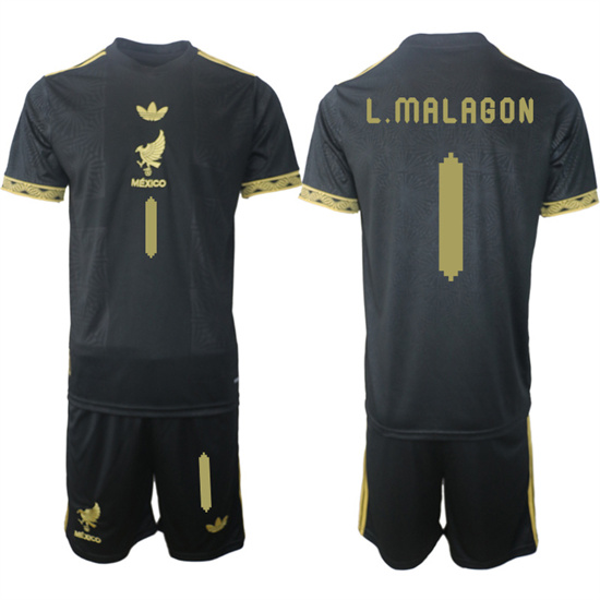 Men's Mexico #1 L.MALAGON 2025-26 México de Oro Third Away Black Gold Short Sleeve Match Soccer Suit Jersey