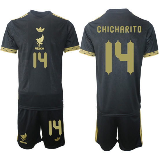 Men's Mexico #14 CHICHARITO 2025-26 México de Oro Third Away Black Gold Short Sleeve Match Soccer Suit Jersey