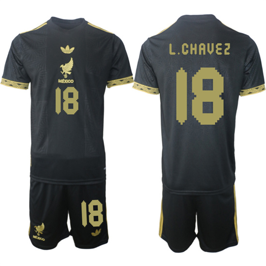 Men's Mexico #18 L.CHAVEZ 2025-26 México de Oro Third Away Black Gold Short Sleeve Match Soccer Suit Jersey