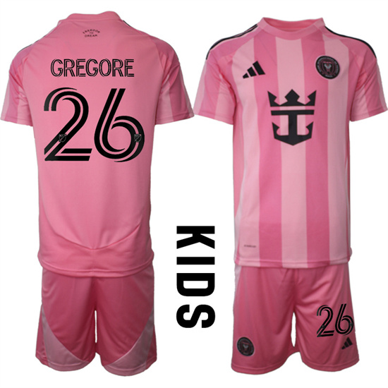 Youth Inter Miami CF #26 GREGORE 2025-26 Home Pink Adidas Soccer Kids Suit jerseys
