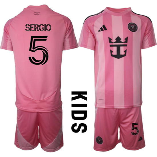 Youth Inter Miami CF #5 SERGIO 2025-26 Home Pink Adidas Soccer Kids Suit jerseys