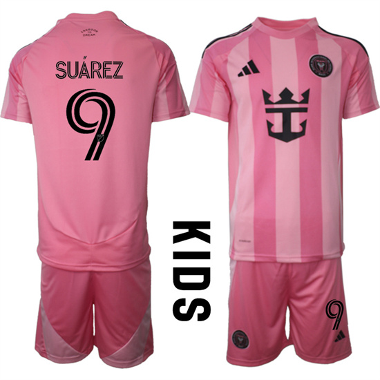 Youth Inter Miami CF #9 SUAREZ 2025-26 Home Pink Adidas Soccer Kids Suit jerseys