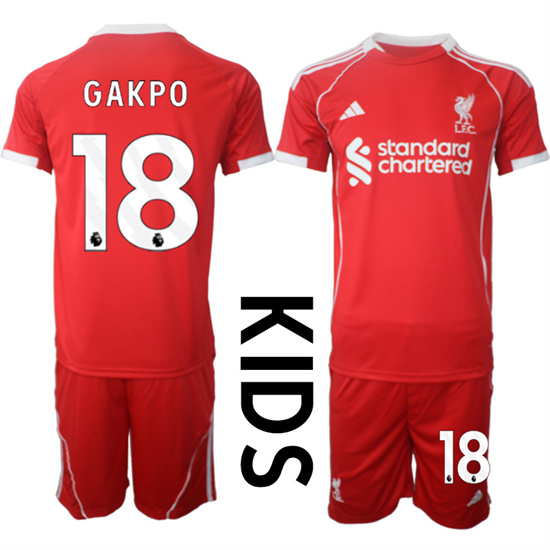 Youth Liverpool #18 GAKPO 2025-26 home Red Adidas Soccer Kids Suit Jerseys
