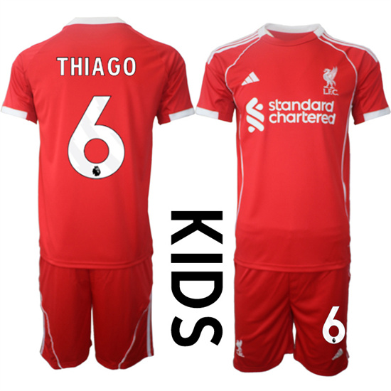 Youth Liverpool #6 THIAGO 2025-26 home Red Adidas Soccer Kids Suit Jerseys