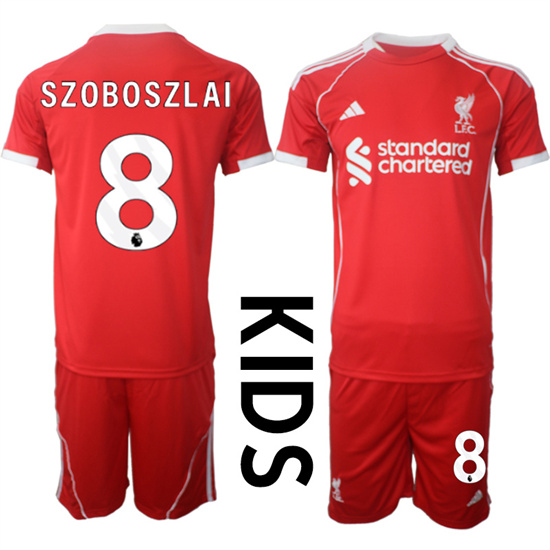 Youth Liverpool #8 SZOBOSZLAI 2025-26 home Red Adidas Soccer Kids Suit Jerseys