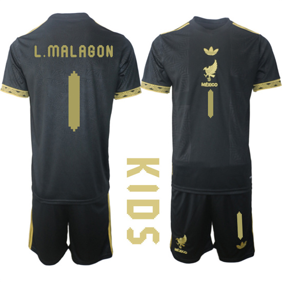 Youth Mexico de Oro #1 L.MALAGON 2025-26 México de Oro Third Away Black Gold Short Sleeve Match Soccer Kids Suit Jersey