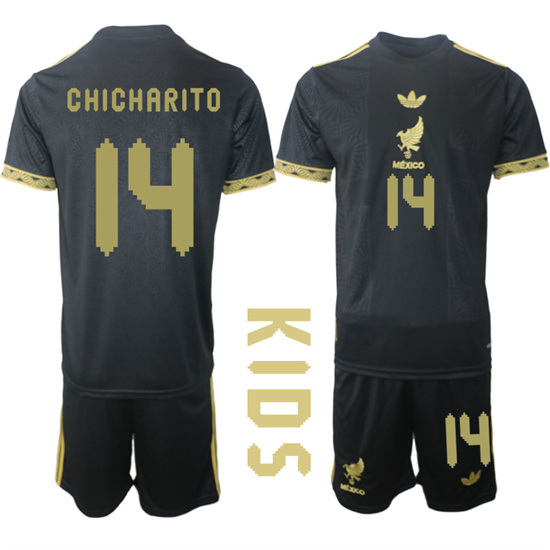 Youth Mexico de Oro #14 CHICHARITO 2025-26 México de Oro Third Away Black Gold Short Sleeve Match Soccer Kids Suit Jersey