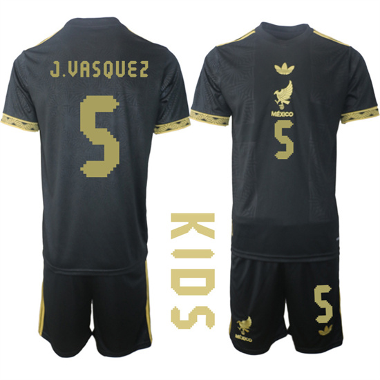 Youth Mexico de Oro #5 J.VASQUEZ 2025-26 México de Oro Third Away Black Gold Short Sleeve Match Soccer Kids Suit Jersey