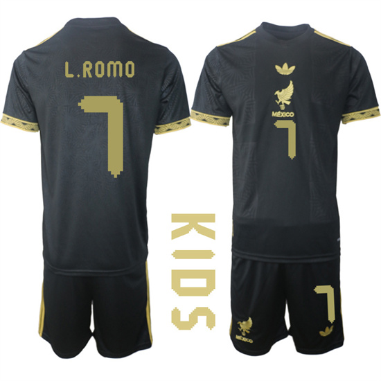 Youth Mexico de Oro #7 L.ROMO 2025-26 México de Oro Third Away Black Gold Short Sleeve Match Soccer Kids Suit Jersey
