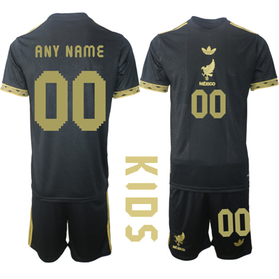 Youth Mexico de Oro Custom Any Name And Number 2025-26 México de Oro Third Away Black Gold Short Sleeve Match Soccer Kids Suit Jersey