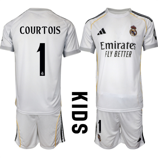Youth Real Madrid #1 COURTOIS 2025-26 home White Adidas Soccer Kids Suit Jerseys