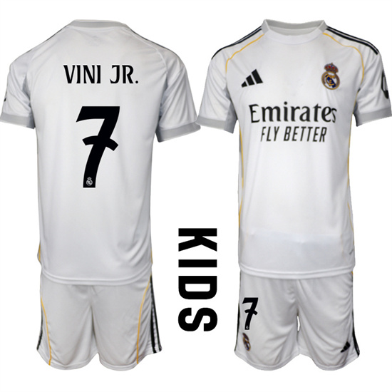 Youth Real Madrid #7 VINI JR. 2025-26 home White Adidas Soccer Kids Suit Jerseys