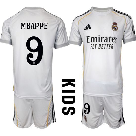 Youth Real Madrid #9 MBAPPE 2025-26 home White Adidas Soccer Kids Suit Jerseys