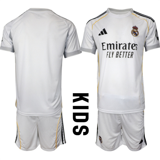 Youth Real Madrid Blank 2025-26 home White Adidas Soccer Kids Suit Jerseys