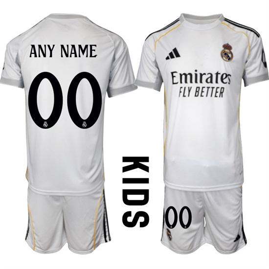 Youth Real Madrid Custom Any Name And Number 2025-26 home White Adidas Soccer Kids Suit Jerseys