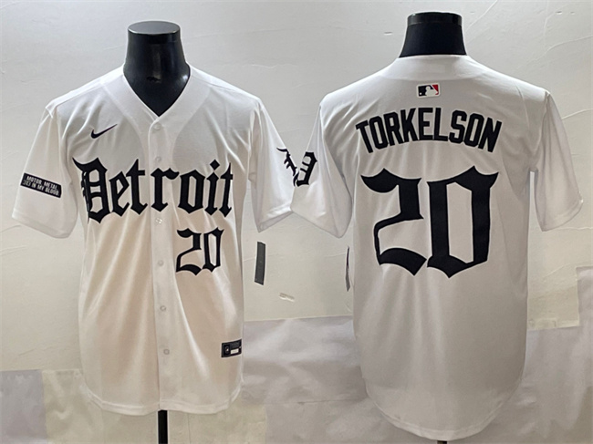 Men's Detroit Tigers #20 Spencer Torkelson White 'Motor Gothic Edition' Vapor Premier Limited Stitched Baseball Jersey