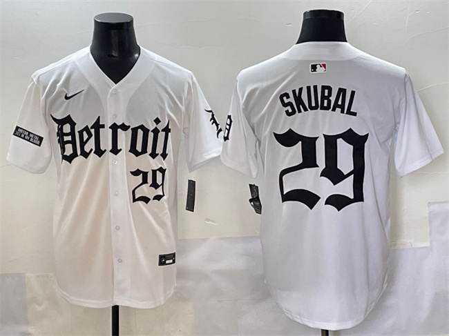 Men's Detroit Tigers #29 Tarik Skubal White 'Motor Gothic Edition' Vapor Premier Limited Stitched Baseball Jersey