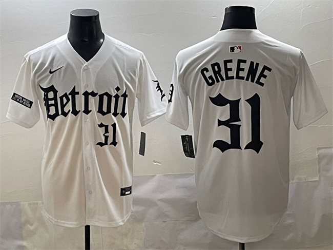 Men's Detroit Tigers #31 Riley Greene White 'Motor Gothic Edition' Vapor Premier Limited Stitched Baseball Jersey