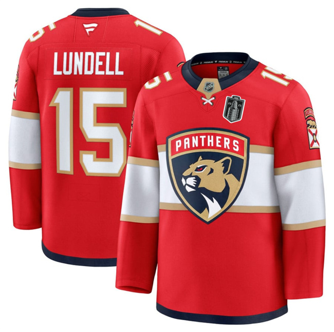 Men's Florida Panthers #15 Anton Lundell Red 2025 Stanley Cup Final Patch Stitched Hockey Jersey