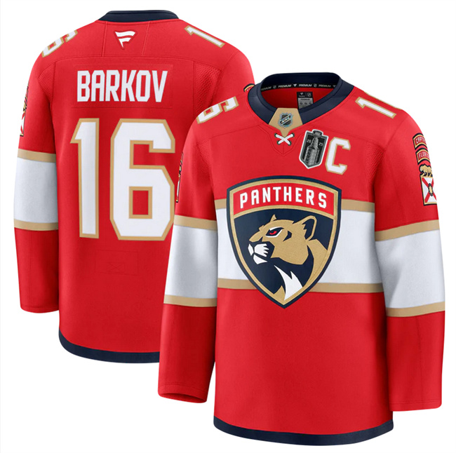 Men's Florida Panthers #16 Aleksander Barkov Red 2025 Stanley Cup Final Patch Stitched Hockey Jersey