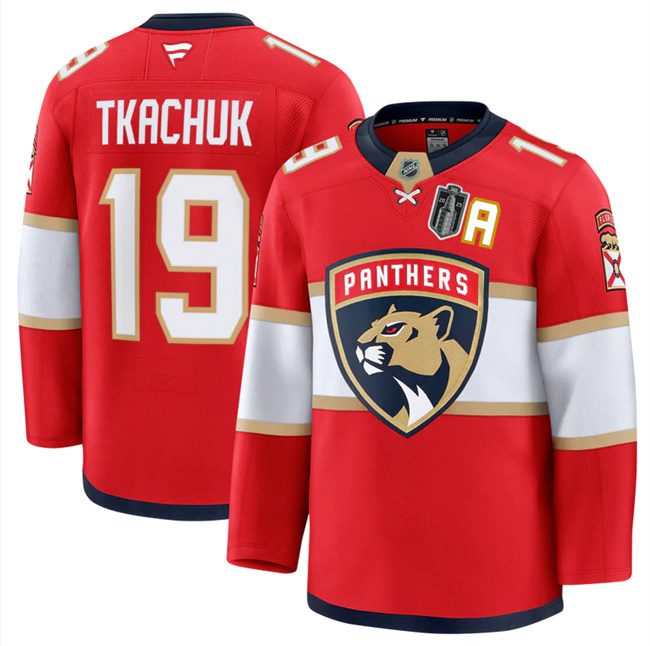 Men's Florida Panthers #19 Matthew Tkachuk Red 2025 Stanley Cup Final Patch Stitched Hockey Jersey