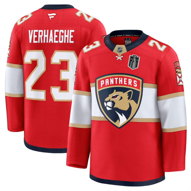 Men's Florida Panthers #23 Carter Verhaeghe Red 2025 Stanley Cup Final Patch Stitched Hockey Jersey