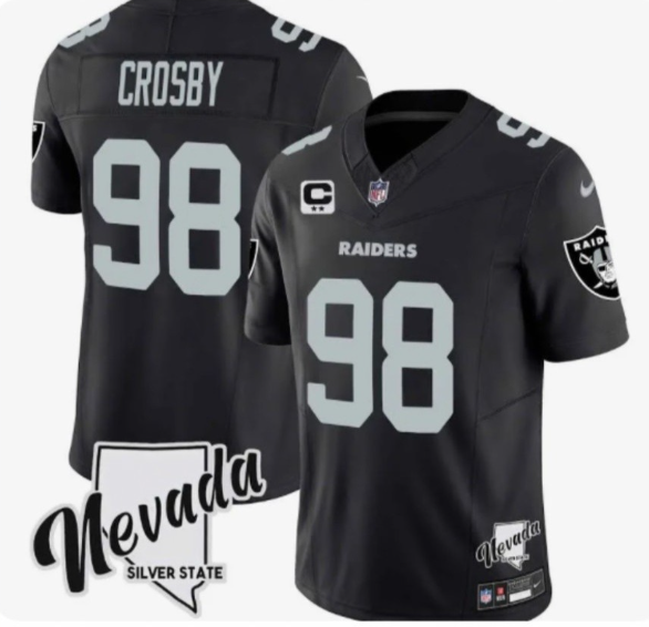 Men's Las Vegas Raiders #98 Maxx Crosby Black 2024 F.U.S.E With Nevada Silver Stat Patch And 3-Star C Patch Stitched Football Jersey