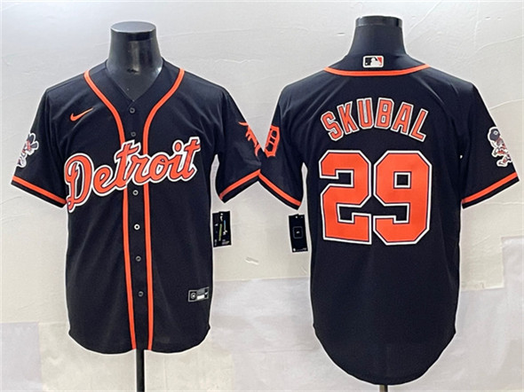 Men's Detroit Tigers #29 Tarik Skubal Black With Patch Cool Base Stitched Baseball Jersey