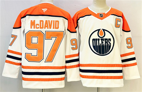 Men's Edmonton Oilers #97 Connor McDavid White Orange 2024-25 With C Patch Heritage Classic Primegreen Stitched Jersey
