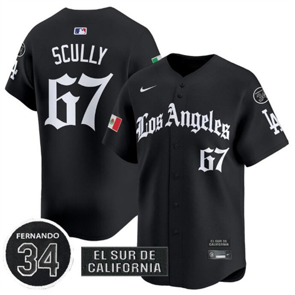 Men's Los Angeles Dodgers #67 Vin Scully Black Mexico 2025 LA Gothic Style With Fernando Patch Vapor Premier Limited Stitched Baseball Jersey