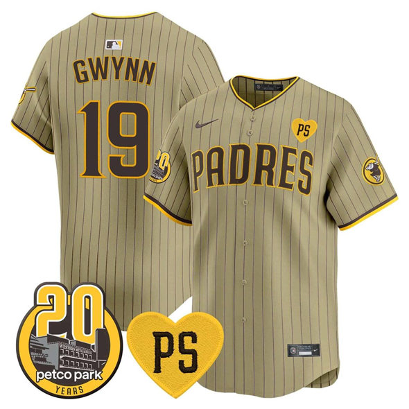 Men's San Diego Padres #19 Tony Gwynn Tan 'For Peter' And Petco Park 20th Patch Limited Stitched Baseball Jersey