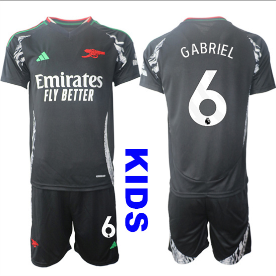 Youth Arsenal #6 GABRIEL 2024-25 Away Black Kids Soccer Suit Jersey