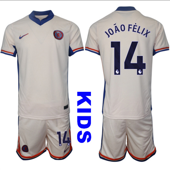 Youth Chelsea #14 JOAO FELIX 2024-25 Off White Away Kids Soccer Suit Jersey