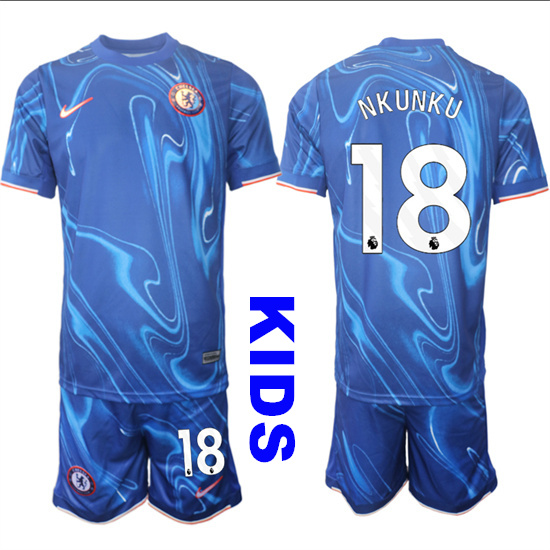 Youth Chelsea #18 NKUNKU 2024-25 Blue Home Kids Soccer Suit Jersey