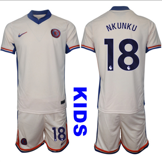 Youth Chelsea #18 NKUNKU 2024-25 Off White Away Kids Soccer Suit Jersey