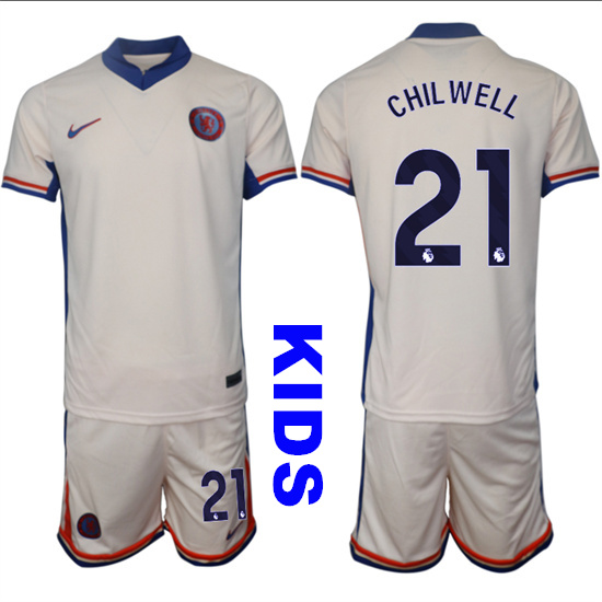 Youth Chelsea #21 CHILWELL 2024-25 Off White Away Kids Soccer Suit Jersey