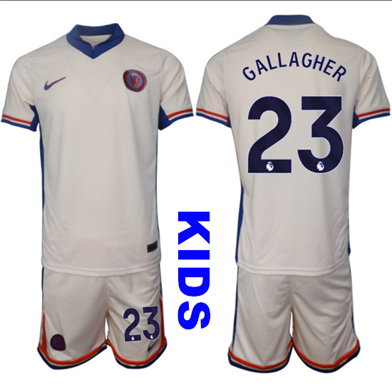 Youth Chelsea #23 GALLAGHER 2024-25 Off White Away Kids Soccer Suit Jersey