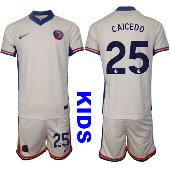 Youth Chelsea #25 CAICEDO 2024-25 Off White Away Kids Soccer Suit Jersey