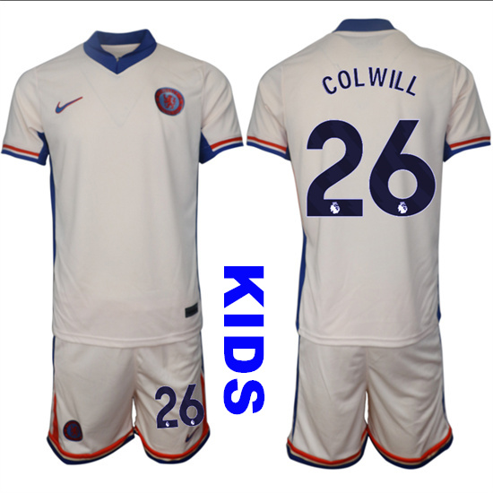 Youth Chelsea #26 COLWILL 2024-25 Off White Away Kids Soccer Suit Jersey