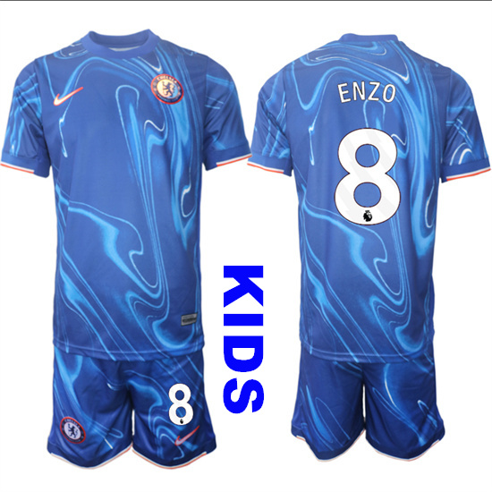 Youth Chelsea #8 ENZO 2024-25 Blue Home Kids Soccer Suit Jersey