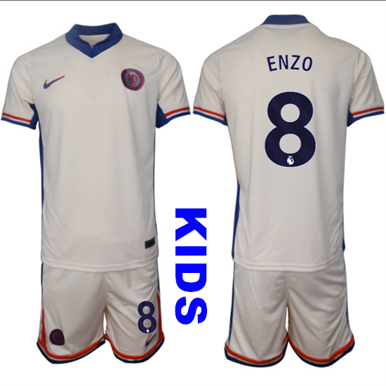 Youth Chelsea #8 ENZO 2024-25 Off White Away Kids Soccer Suit Jersey