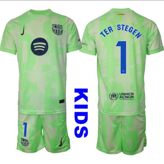 Youth FC Barcelona #1 TER STEGEN 2024-25 Away 2nd Green Kids Soccer Suit Jersey