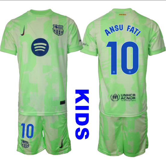 Youth FC Barcelona #10 ANSU FATI 2024-25 Away 2nd Green Kids Soccer Suit Jersey