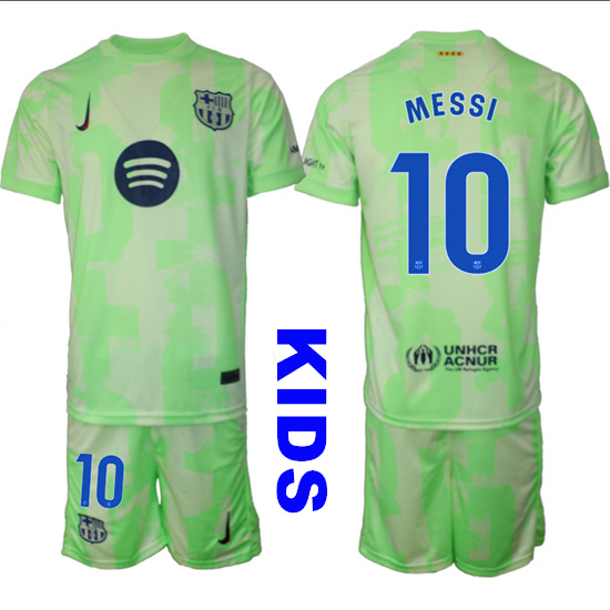 Youth FC Barcelona #10 MESSI 2024-25 Away 2nd Green Kids Soccer Suit Jersey