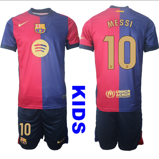 Youth FC Barcelona #10 MESSI 2024-25 Home Kids Soccer Suit Jersey