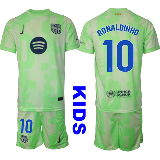 Youth FC Barcelona #10 RONALDINHO 2024-25 Away 2nd Green Kids Soccer Suit Jersey