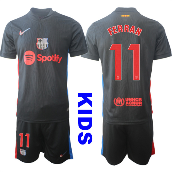 Youth FC Barcelona #11 FERRAN 2024-25 Away Black Kids Soccer Suit Jersey