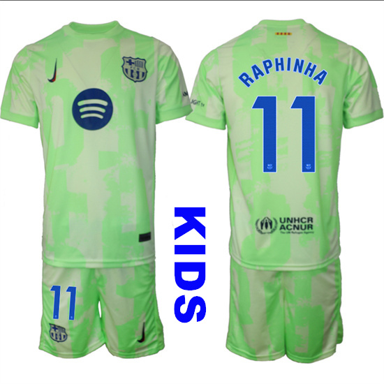 Youth FC Barcelona #11 RAPHINHA 2024-25 Away 2nd Green Kids Soccer Suit Jersey
