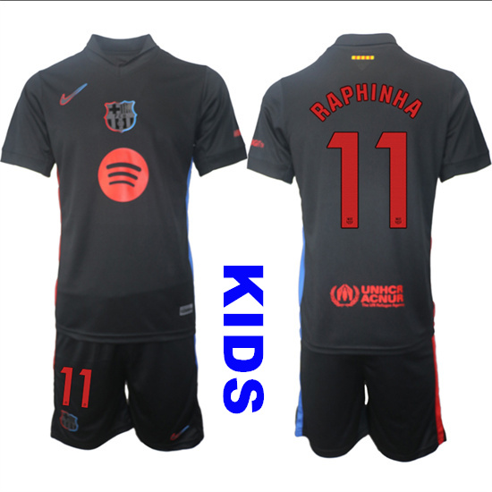 Youth FC Barcelona #11 RAPHINHA 2024-25 Away Black Kids Soccer Suit Jersey